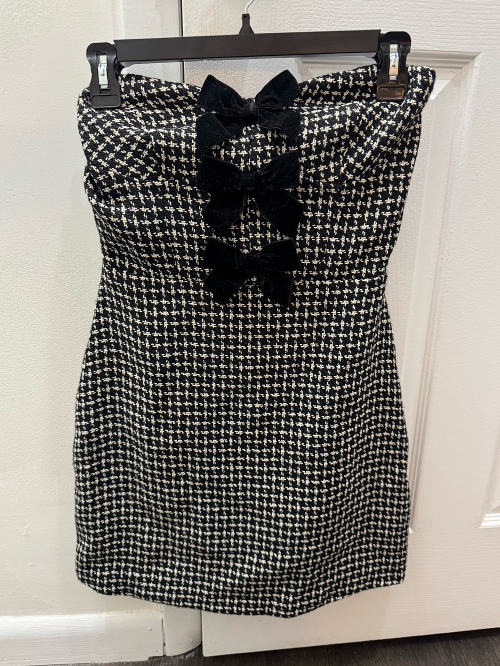 Strapless Black & White Houndstooth Dress with Velvet Bows